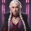 Placeholder: game of thrones; fantasy; digital art; portrait; soft details; soft light; female; teenager; princess; targaryen; white hair; braided hair; violet eyes; red and black clothes; royal clothes