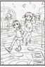 Placeholder: Little girls playing in a playground with a mix of different shapes like circles, squares, and triangles.,very happy , Colloring page for todlliers ; basic hawali style cartoon , black and white , ink outlines , , smooth , anime style , minimalist , cute eyes , full body , white shose , sketchbook , realistic sketch , free lines , on paper , character sheet , clean line art high detailed