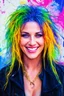 Placeholder: head and shoulders portrait, Miss Motley Crue - Smiling, a multicolored watercolor stained wall in the background, 4k, 8k, 32k UHD, Hyper realistic, extremely colorful, vibrant, photorealistic, realistic, sharp, highly detailed, professional quality, awesome, majestic, superb, trending on artstation, Cinematic, Real, Life like, Highly detailed, sharp, focused, fantastic