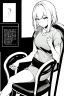 Placeholder: blonde girl speaks sitting on a chair, grayscale