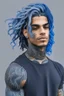 Placeholder: longish blue wavy hair, brown skin, grey eyes, tattoos, black turtle neck clothing