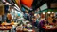 Placeholder: street food in Kuala Lumpur at night, eating stalls, eclectic mix of oriental food, people sitting eating at tables, atmosphere, award-winning colour photograph, beautiful composition, exquisite detail, Nikon 135mm