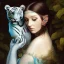 Placeholder: a beautiful sourceress,portrait, dressed in a transparent intricate blue dress, leaves in the hair,elf like ears, resting with a white tiger, high definition, high contrast