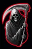 Placeholder: Grim-Reaper gripping scythe, vignette, black and white graphic novel style with a red outline, and black background,