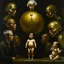 Placeholder: a huge golden brain supported by very small beautiful Asian female human bodies, complex surgical instruments mix a newborn boy between light and shadow, surrealism, symbolism, minimalism, sculpture by Adrian Ghenie, Lucian Freud, Rene Magritte, Salvador Dali