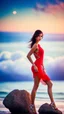 Placeholder: very nice real face beautiful sexy roman with make up at the beach leaning to a big rock,in a short lace red and silver dress, full body, 3D cloudy sky volumetric nice clouds 8k sharp focus,sunset,golden hour,medium shot