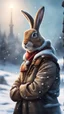 Placeholder: portrait of hare man in the snow on holding a tower fortification, magazine cover illustration with oil paint and spray paint, signed, bokeh like, down-light, unreal engine, prize winning