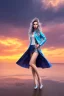 Placeholder: half body shot,realistic portrait of a 20-25 old caucasian model, long blue pink flowing hair, great grey eyes, blue leather jacket,full body, short white skirt,long legs,standing at beach of very nive lake with sunset ,clouds,godrayes