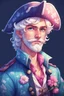 Placeholder: kind sailor, man, white slightly curly hair, pirate shirt, pink-azure clothes, pink-azure cocked hat in cold tones, white floral pattern on jacket, flower in hair, stardew valley style