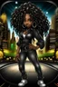 Placeholder: Create a digital airbrush cartoon of an African American female wearing a black jean outfit with timberland boots. Prominent make up with hazel eyes. She is wearing large diamond hoop earrings. Extremely highly detailed very long curly hair that shines. Background of a night club.