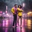 Placeholder: Hyper Realistic handsome-muscular-man-with-short-black-hair wearing yellow-&-black-tuxedo dancing with a beautiful-woman wearing pink-&-purple-hoodie at heavy-rainfall-night with dramatic-&-cinematic-ambiance on an empty road