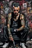 Placeholder: Ultra detailed medium portrait painting of a man, sitting on chair,ex-ganster in jail tattoos, rough look, bold, tear tattoo on face, mascara, evil look, chaos dark background,torn up collage of photo clippings, broken circuitry background, matrix effects, punk visual art, punk art aesthetic, graffiti art, pop surrealism, collage art, cluttered paint glitches