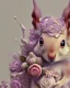 Placeholder: Ultra realistc natural baby squirrel in white dress with white hair. Around lilac, indigo, bianco giallo and pink natural roses. White backgroung. An intricate detailed white 3D paper patchwork, crown, diadem, fantasy, rose tones, beautiful