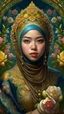 Placeholder: Beautiful facee Indonesia hijaber Princess front view portrait, adorned with giant Jasmine, and lily flower ,roses , golden pearls , zafir gemstone headress, wearing floral, lace, pearls, zafirs ornate Iranian costume, organic bio spinal ribbed detail of Iranian style full jasmin and rose and persian garden background by the moonlight extremely detailed hyperrealistic maximalist portrait art, 8k