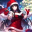 Placeholder: Clear focus, high resolution, black long fluffy hair, red eyes, wearing a chrimstas outfit, wearing a red short skirt, wearing a santa hat
