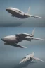 Placeholder: ideation aeroplane airmed inspired by shark with side view, quarter view and front view