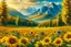 Placeholder: A field of Sunflowers. Beyond is a mountain range , with waterfall of autumn trees in water color.