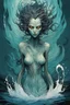 Placeholder: front facing full body illustration of a malevolent shape shifting female Funayurei water ghost with highly detailed facial features and translucent skin textures, in the style of Alex Pardee , Jean Giraud Moebius, and Katsushika Hokusai, highly detailed, boldly inked, deep murky aquatic color