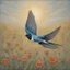 Placeholder: Pastel pencil drawing capturing the intricate details of a swallow in flight. Style of Beth Conklin. The swallow hovers above a field of wildflowers, with the pastel texture, soft delicate scene.