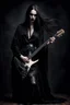 Placeholder: pretty goth girl(dressed in black flowing robes) leaning back while playing electric rock guitar, dark background, photo realism