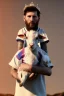 Placeholder: messi as king with wearing crown and king stuffs and clothes and holding a little white goat on his hand ,hyperrealistic,8k,detailed,rendered