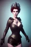 Placeholder: Hannah Waddingham as evil queen in black leather, busty, cleavage, voluptous, rebecca Welton, angry, stern look. character design by cory loftis, fenghua zhong, ryohei hase, ismail inceoglu and ruan jia. unreal engine 5, artistic lighting, highly detailed, photorealistic, fantasy