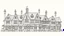 Placeholder: A highly detailed front elevation line drawing of a row of crooked fantasy houses, with twisted tall chimneys, rooms and floors added to sides and roofs, like Harry Potter's the Warren.