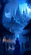 Placeholder: Magical realm, large elvish town, people wearing blue, the main character is at the front, 4k, digital art