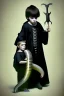 Placeholder: 7 year old boy, necromancer, friendly, looks dead,with a long lamprey emerging from his belly , wearing black robes, in the style of H.R. Giger
