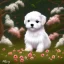 Placeholder: chiot bichon maltais blanc avec des cerisiers du japon et une cascade d'eau lumineuse