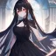 Placeholder: Clear focus,8k,Beatiful Lighting,Beatiful Blur,Beatiful Shading,Detailed,black long hair,fluffy hair, long fluffy bangs, red eyes, wearing a black outfit with a short black skirt