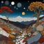 Placeholder: Colourful, peaceful, Egon Schiele, Max Ernst, Vincent Van Gogh, night sky filled with galaxies and stars, rocks, trees, flowers, one-line drawing, sharp focus, 8k, deep 3d field, intricate, ornate