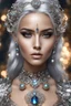 Placeholder: photography realistic portrait natural beauty of young woman, beautiful, shiny hard eyes, make up, Fantasy style, shiny baubles, ornate, large gemstones, shiny molten metalics, shiny wire filigree, silver hair, high definition, high res, octane render