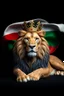 Placeholder: Create a highly detailed 3D-rendered image of a majestic lion lying down, wearing a royal crown. The lion's fur should be rich and textured, with a regal and powerful presence. Behind the lion, the flag of the Republic of Bulgaria(white, green,red) waves gracefully, its white, green, and red colors vivid and well-defined. The background should be an elegant, deep black, creating a striking contrast that enhances the grandeur of the lion and the flag. The lighting should be dramatic, with subtle
