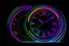 Placeholder: black background, outlines of a holographic clock drawn from thin neon-coloured glowing lines