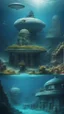 Placeholder: Underwater village with all abandoned building and statues like lost city of Atlantis , a discovery submarine hovering around a big ufo starship deep in the ocean