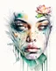 Placeholder: a hand-drawn watercolor painting of a woman's face with waterlily warped around the face like a snake, with a splash of mixed colors on a white background, sharp detail