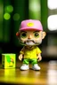 Placeholder: Funko figure of a male, smiling, called JAMES PULLEY, wearing a PINK henley t-shirt, a pink forward facing cap with a yellow embroidered J, khaki cargo shorts and camouflage crocs, shaved head and shaved gray beard. The Funko is displayed inside and outside a limited edition green and yellow Funko box with DIGITAL DRUID text, allowing visibility of the figure, typography, 3D render. White background