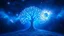 Placeholder: The tree of life in the center with luminous branches in a blue and galaxy-colored space in a special, eye-catching and psychedelic space.