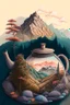 Placeholder: Cozy vibes drawing art tea pot, garden inside tea pot, mountain range in background