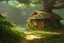 Placeholder: beautiful big flower tropical tree, little straw house dirty old abandoned, stream, bushes, grass and vine, small cliff, dwarf rocks, bright contrast, realistic painting, concept art, tropical forest background, hyperdetailed painting, by konstantin razumov