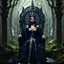 Placeholder: Morena Baccarin as a beautiful sexy dark elf queen seated elegantly on a throne in a mystical forest, dark celtic vignette frame, photo-realistic, cinematic lighting, award-winning photography