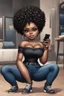 Placeholder: Create a furturism magna art of a black chibi curvy female sitting on the floor looking at her cell phone. She is wearing tight blue jeans and a black off the shoulder blouse. Prominent make up with lush lashes. Highly detailed tight curly afro. She is also wearing silver large hoop earringsart of a black chibi curvy female sitting on the floor looking at her cell phone. She is wearing tight blue jeans and a black off the shoulder blouse. Prominent make up with lush lashes.