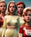 Placeholder: Ultra Realistic retro sci-fi movie Supermarket scene, 1960 year, waist up view portrait, 3 clones blonde women, sweet young Jane Fonda face, perfect iris, glow eyes, face makeup, tight latex coat. Supermarket place with people background, Retro sci-fi style, soft color, highly detailed, unreal engine 5, ray tracing, RTX, lumen lighting, ultra detail, volumetric lighting, 3d, finely drawn, high definition, high resolution.