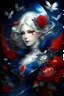 Placeholder: Raymond Swanland floral pattern, dark blue and red flowers, tiny diamonds and sapphires, pearls, fluffy white feathers, ivory blond curls, a slight smile on his face, realistic, intricate details, elegant digital illustration, painting, transparent background, whimsical, pastel, butterflies, muted colors, silver shiny accents. Josephine Wall, Queen Anne, Gustav Klimt. Thomas Kincaid, Elegant, fantasy, 8k, oil on canvas, beautiful, 4K 3D, crisp quality, colourful, very cute