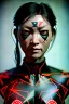 Placeholder: Studio photo portrait, Asian woman samurai, yakuza body tattoos, symmetry photography, cyberpunk, army dress, japanese traditional ornaments, red, white, black, led wires, glow eyes, cinematic, Ultra realistic, dark scene, wide angle view, soft color, highly detailed, unreal engine 5, RTX, ultra detail, 3d, finely drawn, high definition.