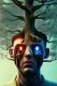 Placeholder: Cyberpunk theme, portrait of Oak tree roots holding man inside, misty sunny day, close-up portrait, symbiosis