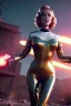 Placeholder: retro sci-fi press image, supermarket explosions from 1960, sweet young Jane Fonda, tight latex suit, weapon, fighting stance, soft color, highly detailed, unreal engine 5, ray tracing, RTX, lumen lighting, ultra detail, volumetric lighting, 3d, finely drawn, high definition, high resolution.