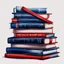 Placeholder: Hand drawn illustration, oil painting, midnight blue and red, stack of books with airbrushed tape, white background only