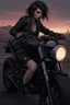 Placeholder: scarred vampire girl showing fangs with short cropped cyberpunk hair riding a black cafe racer motorcycle in a post apocalyptic wasteland at dusk